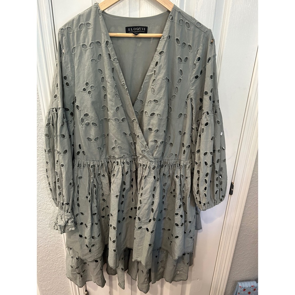 ELOQUII Babydoll Dress Sage Green Eyelet Tiered Ruffle Mini Wrap‎ V-Neck Puff